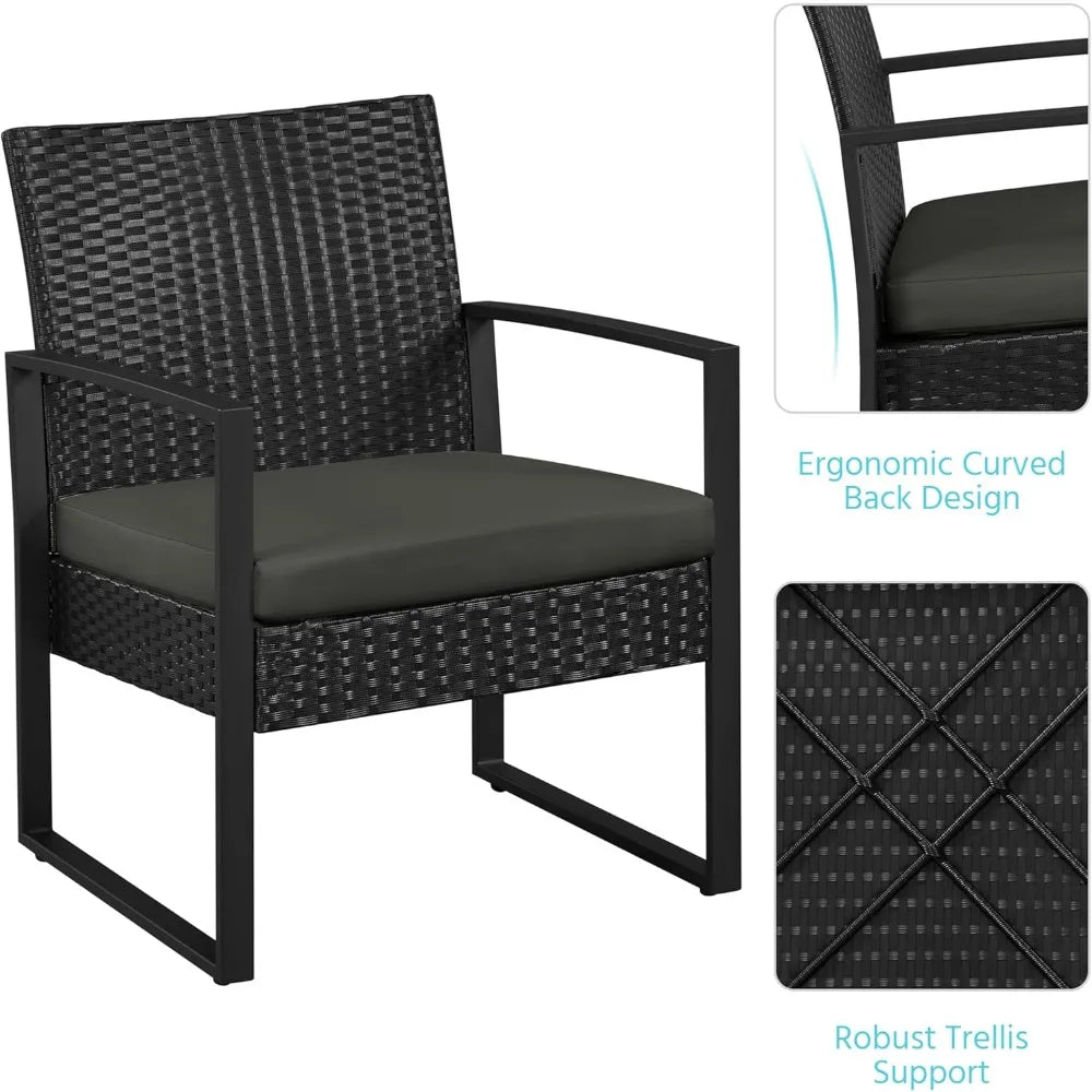 3 Pieces Rattan Bistro Set, Indoor/Outdoor Wicker Patio Modern Conversation Furniture, 2 Chairs & Tempered Glass Coffe Table