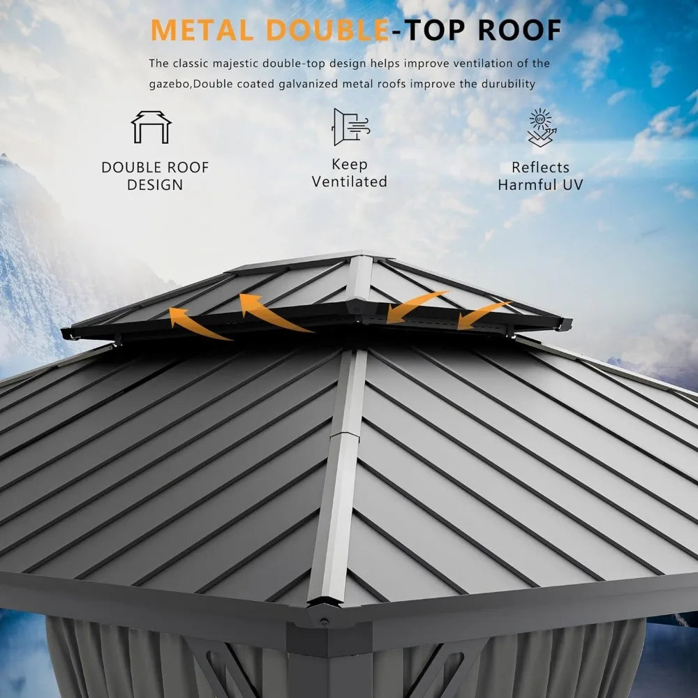 Hardtop Gazebo Outdoor Aluminum Frame Permanent Gazebo Galvanized Steel Double Roof Gazebos with Nettings and