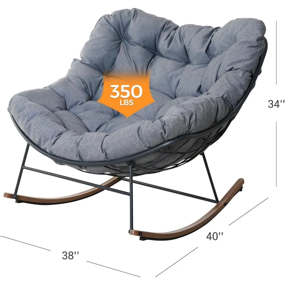 Rocking Chair Outdoor, E-Coated Papasan Rocking Chair with Cushion, Outdoor Oversized Recliner Rocker for Patio Porch Garden