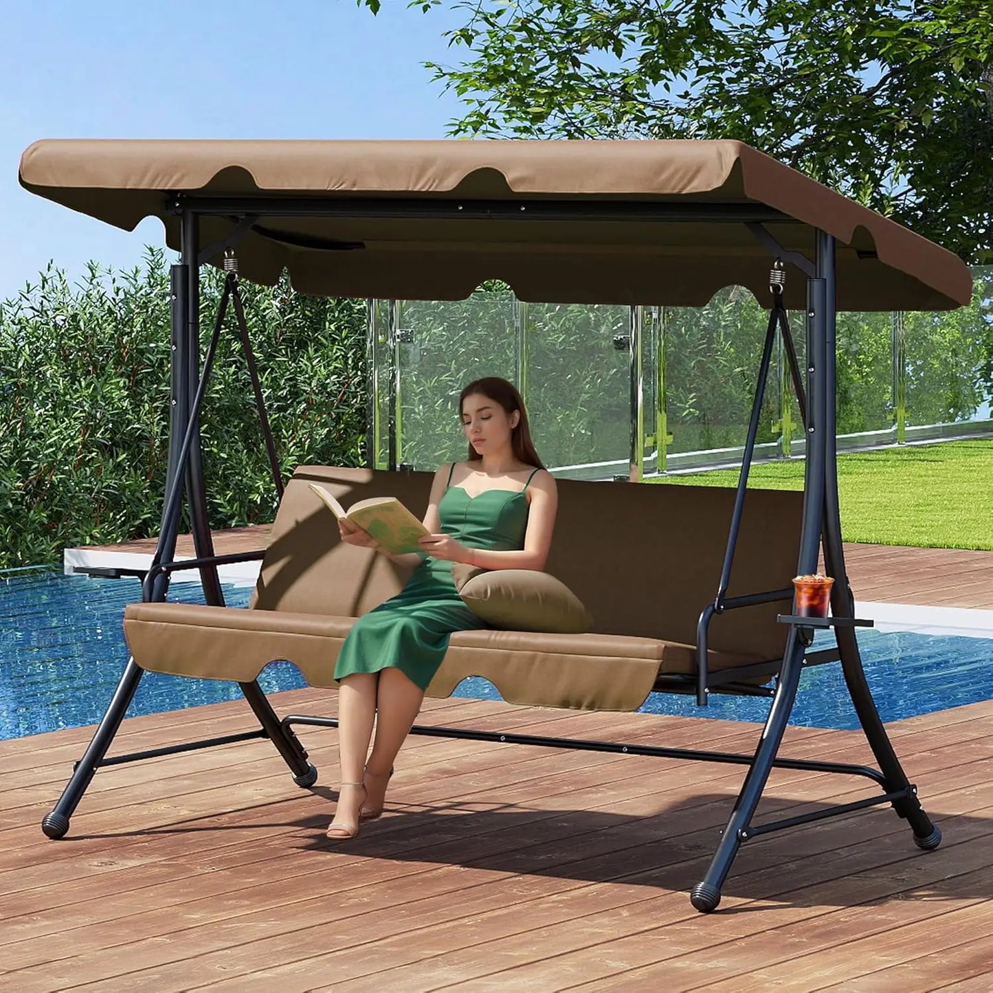 Swing with Canopy, Outdoor Porch Swing with Stand for Adults, Glider Swings for Outdoors with 2 Side Table