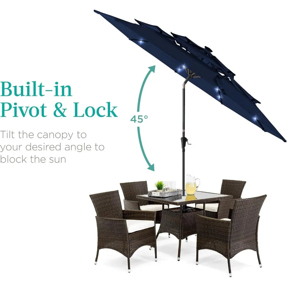 10ft 3-Tier Solar Patio Umbrella, Outdoor Market Sun Shade for Backyard, Deck, Poolside w/ 24 LED Lights, Tilt Adjustment, Easy