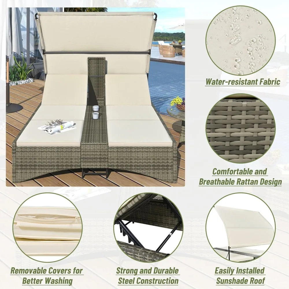 Outdoor Bed Patio Daybed with Shelter Roof, Outdoor Rattan Sun Lounger with Adjustable Backrest, Storage Box and 2 Cup Holders