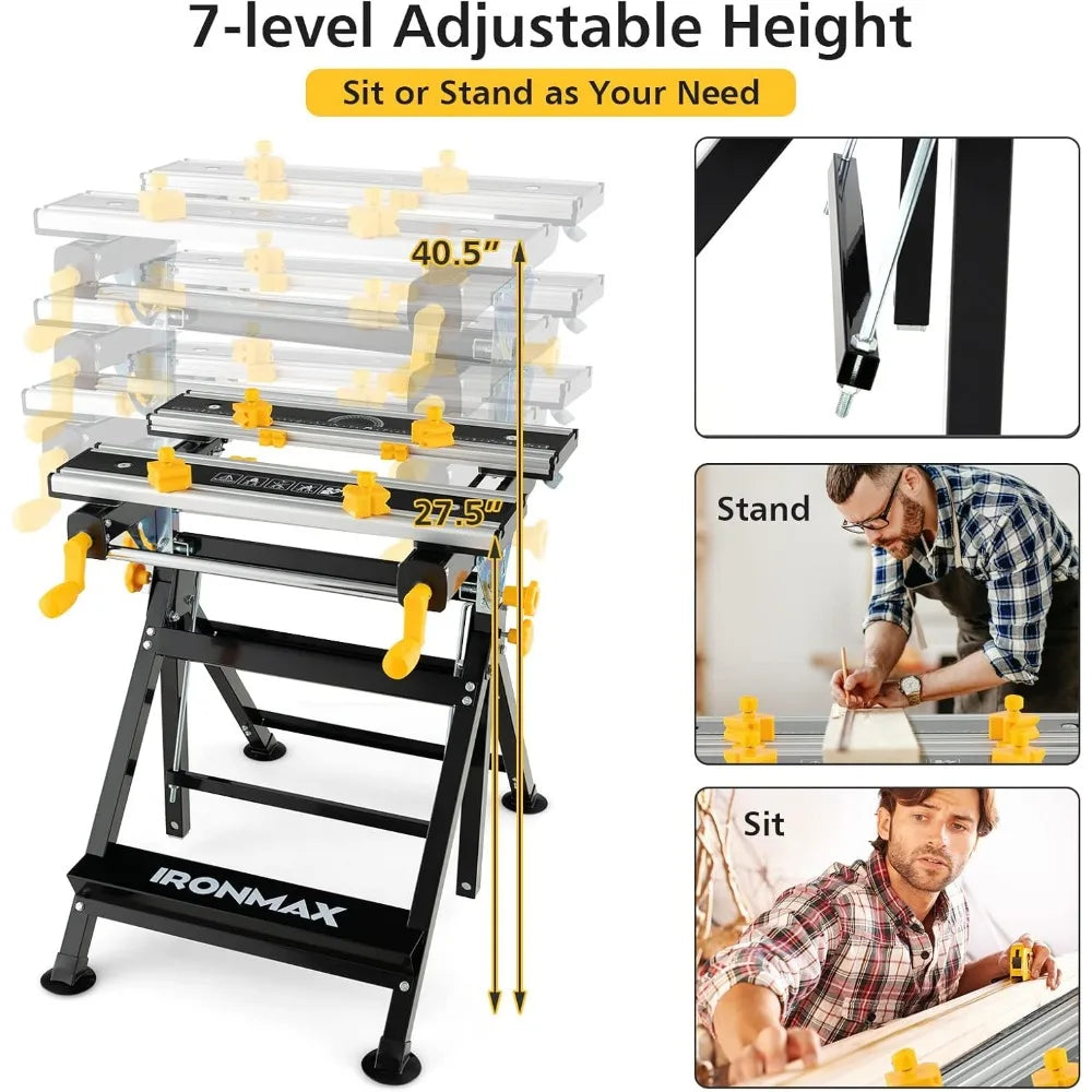 Portable Workbench, Folding Work Table with 7-Level Height Adjustable, 8 Sliding Clamps and Reclining, Folding Workbench and Vi