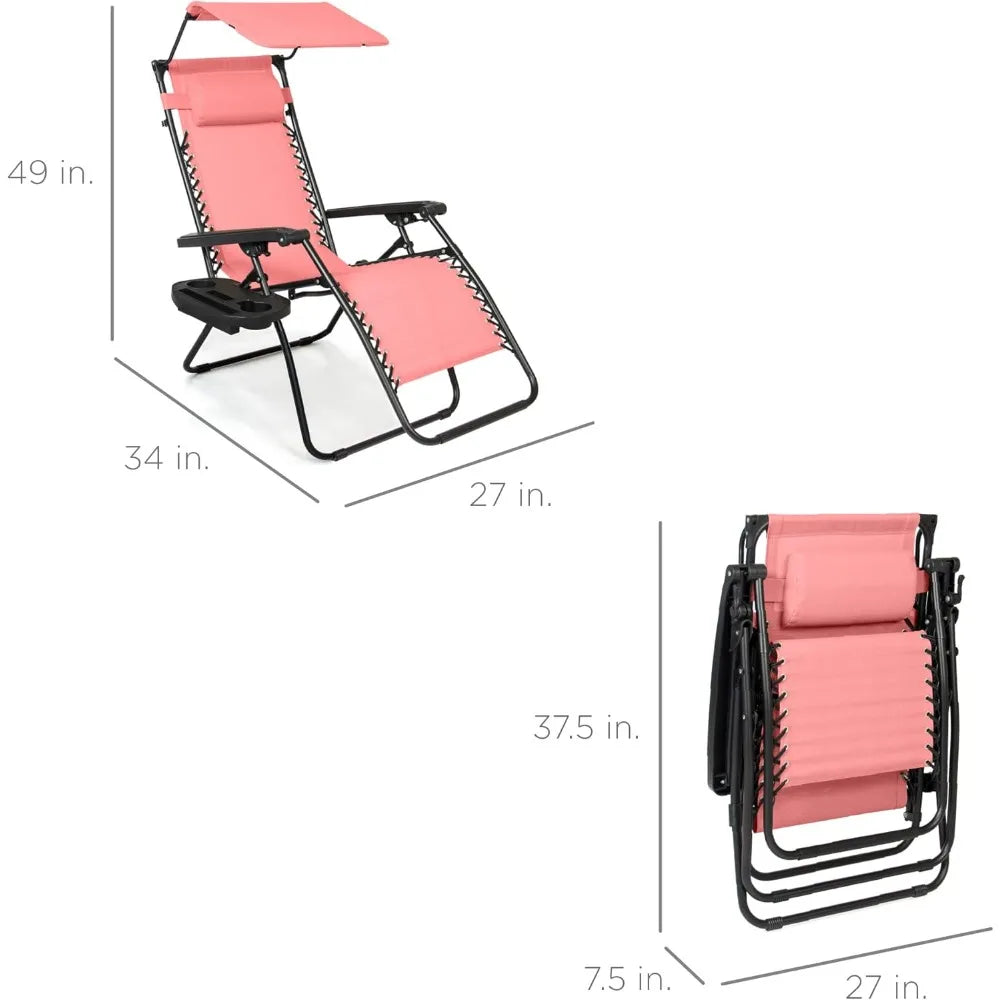 Folding Zero Gravity Outdoor Recliner Patio Lounge Chair w/Adjustable Canopy Shade, Headrest, Side Accessory Tray,