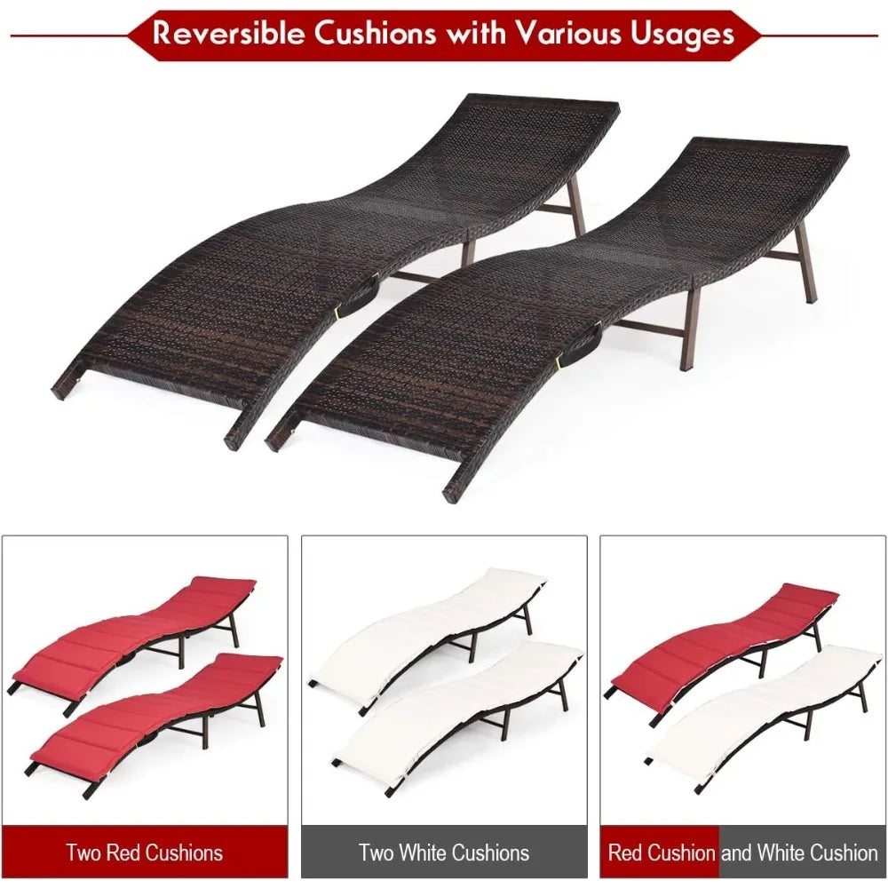 Set of 2 Patio Chaises, Foldable Outdoor Patio Wicker Lounger Chair, with Double-Sided Cushions, Suitable for Poolside