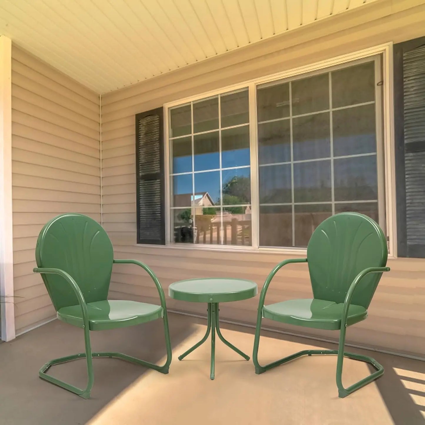 Patio Bistro Set Retro Metal Outdoor Seating Conversation 3 Pieces, 2 C-Spring Motion Armchairs and Round Side Table