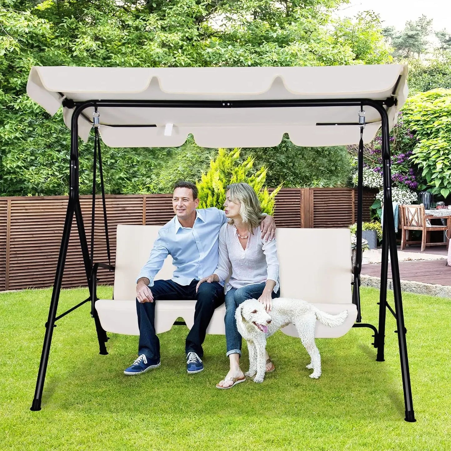 3-Seat Patio Swing Chair with Adjustable Canopy, Outdoor Porch Swing with Durable Steel Frame for Patio, Garden, Poolside