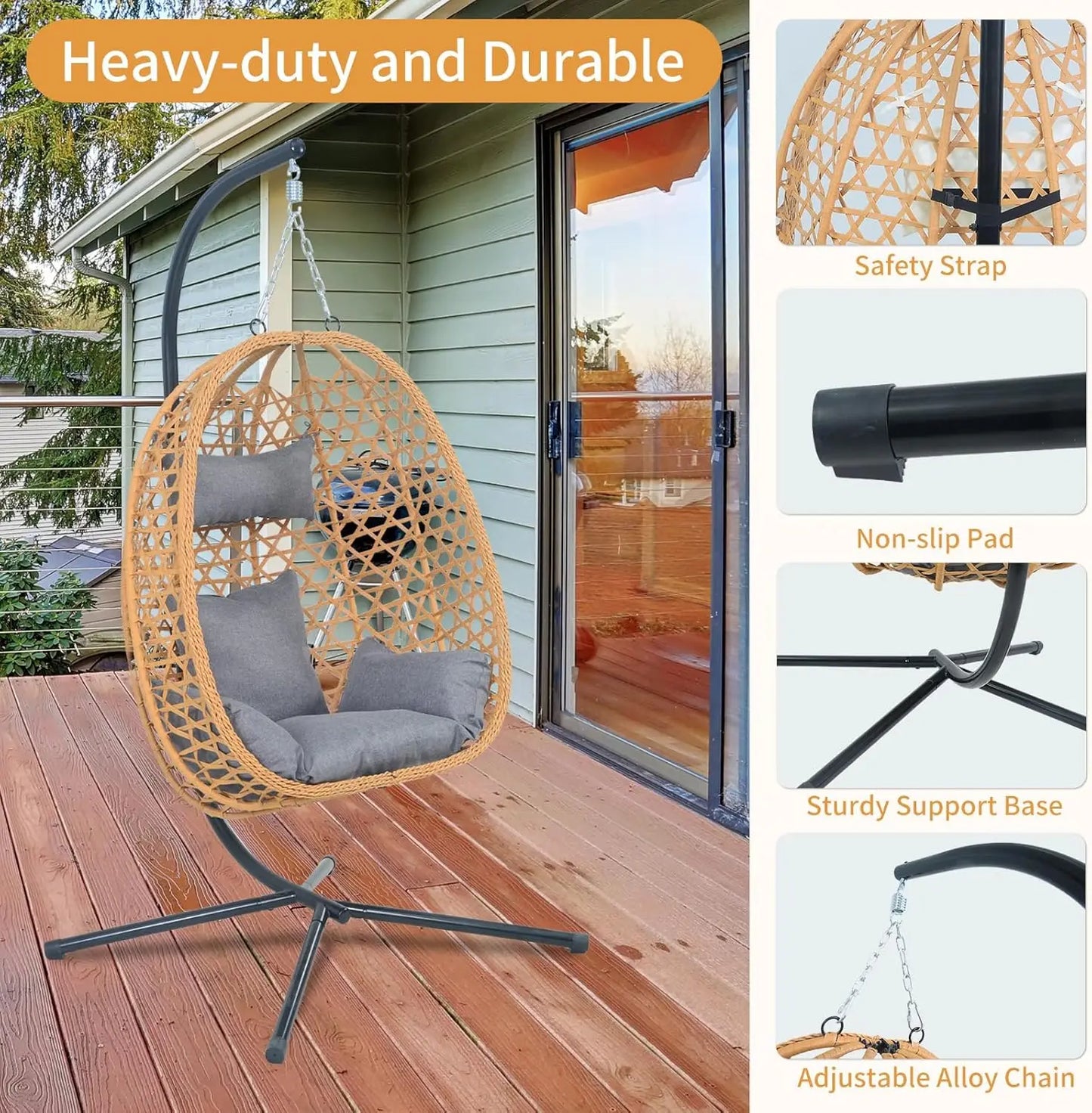 Hanging Egg Chair with Cushions – Comfortable Rattan Swing Chair with Stand Outdoor Lounge Chair,350LBS Capacity Indoor Outdoor