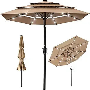 10ft 3-Tier Solar Patio Umbrella, Outdoor Market Sun Shade for Backyard, Deck, Poolside w/ 24 LED Lights, Tilt Adjustment, Easy
