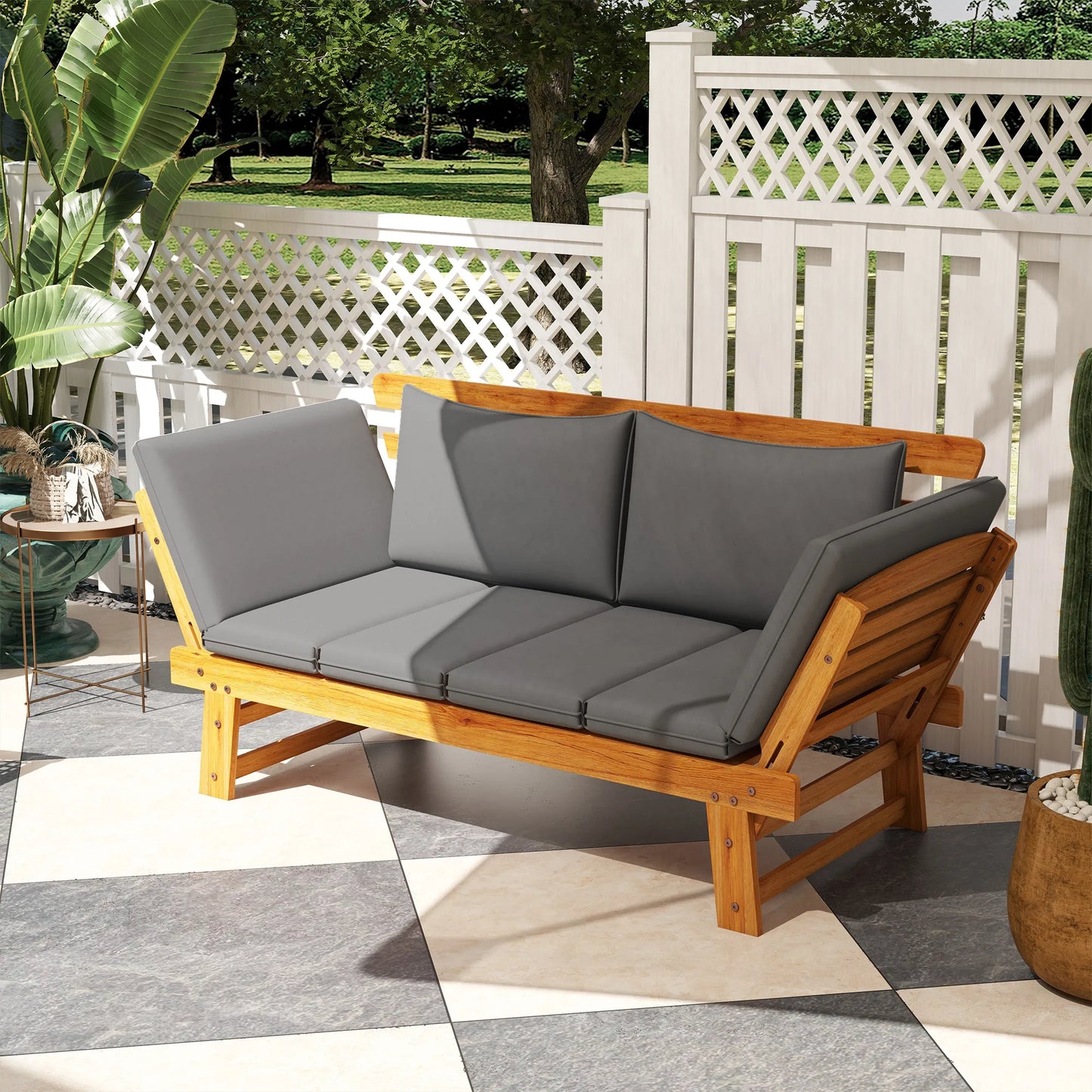 Outsunny Wooden Garden Bench for Outdoor w/ Cushions, Patio Loveseat, Gray