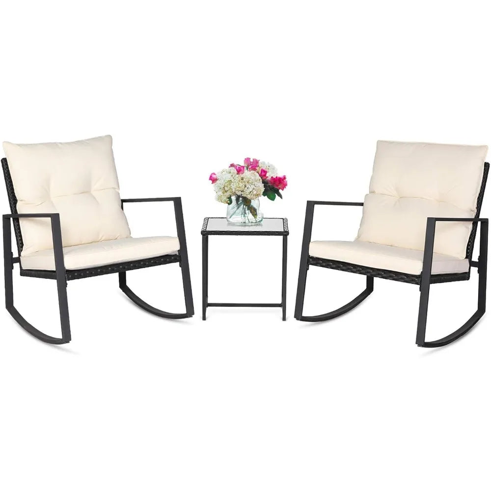 3 Piece Outdoor Rocking Bistro Set Black Wicker Furniture Porch Chairs Conversation Sets with Glass Coffee Table