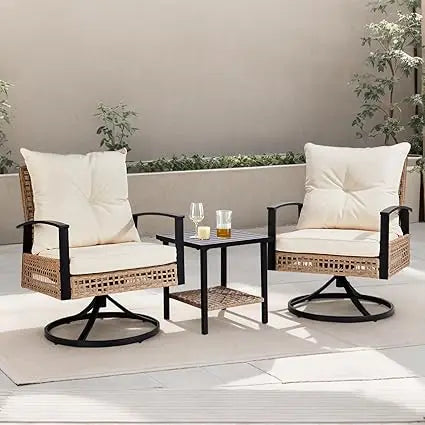 3 Pieces Outdoor Swivel Rocker Patio Chairs, Wicker Patio Bistro Set with 2 Rocking Chairs and 1 Coffee Table, Patio Furniture