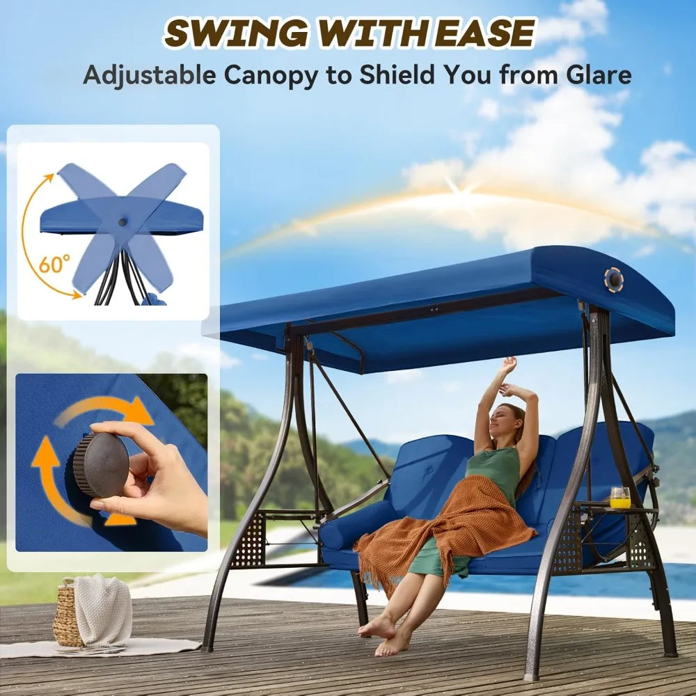 3 in 1 Outdoor Porch Swing with Adjustable Canopy, 3 Seat Outdoor Swing for Adults, Patio Swing Chair with Thickened Cushions,Pi