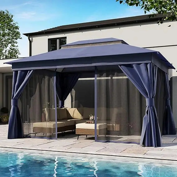 Outdoor Patio Gazebo 10'x13' with Expansion Bolts, Heavy Duty Gazebos Party Tent Shelter with Double Roofs, Mosquito Nets and P