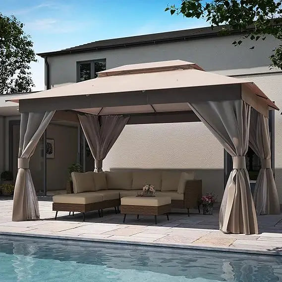 Outdoor Patio Gazebo 10'x13' with Expansion Bolts, Heavy Duty Gazebos Party Tent Shelter with Double Roofs, Mosquito Nets and P
