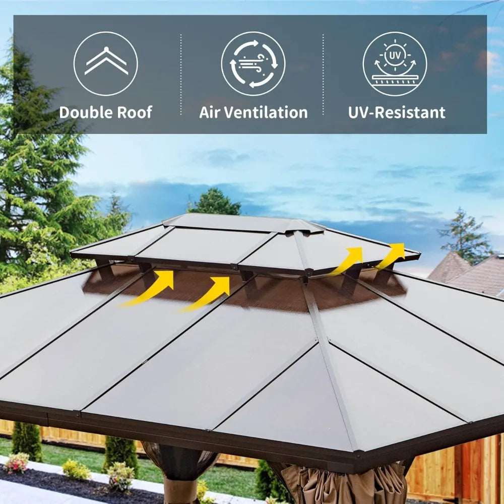 10' X 12' Hardtop Gazebo with Polycarbonate Double Roof, Aluminum Frame, Curtains & Netting, All-Weather Backyard