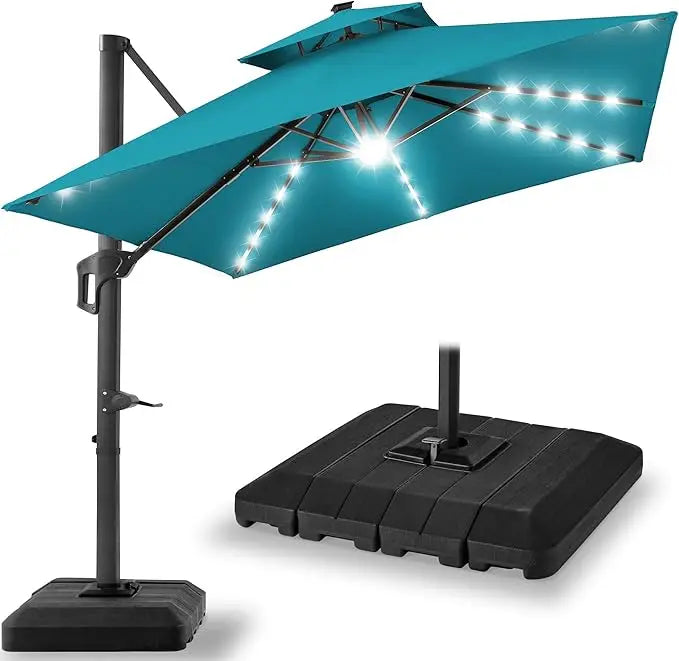 10x10ft Cantilever Patio Umbrella w/Base Included, Solar LED Lights 360 Rotation Large Offset Hanging Outdoor Shade for Deck Po