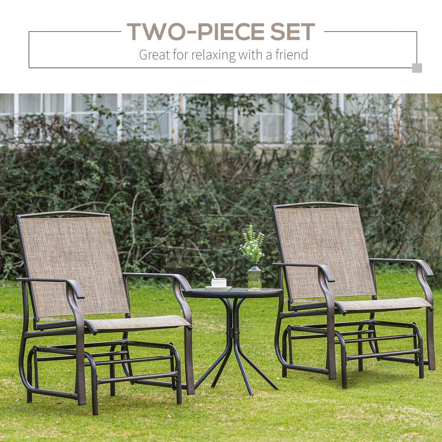 2Pc Outdoor Glider Chair Set, Rocking Armchairs, Patio Swing Furniture, Khaki