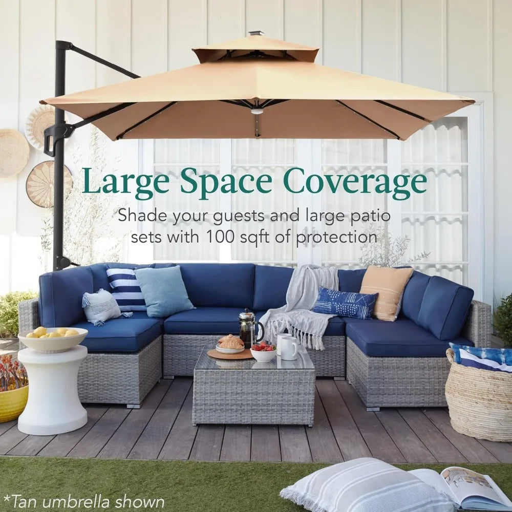 10x10ft Cantilever Patio Umbrella w/Base Included, Solar LED Lights 360 Rotation Large Offset Hanging Outdoor Shade for Deck Po