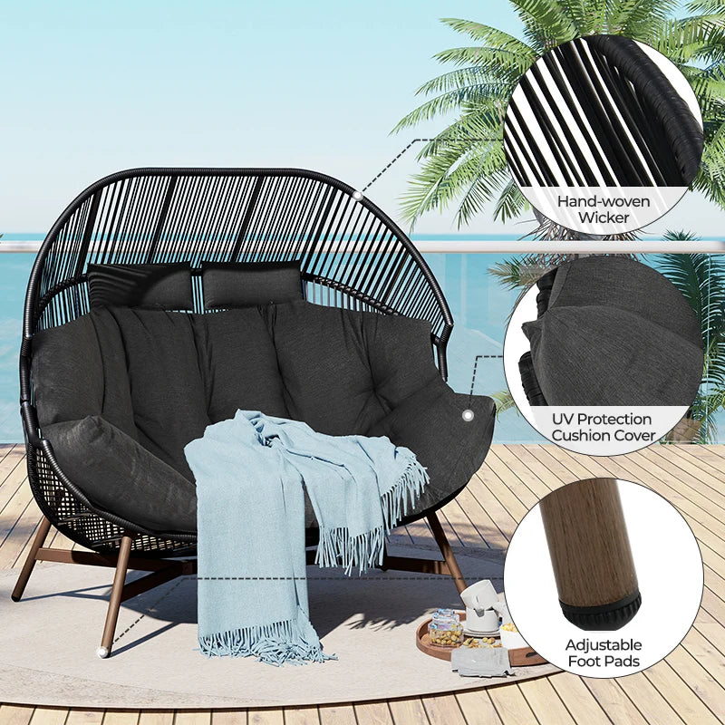 Outdoor Oversize 2-person Chair,Modern Garden 2-Seat Wicker Egg Chair with Cushion, Stationary Patio Loveseat Accent Chair
