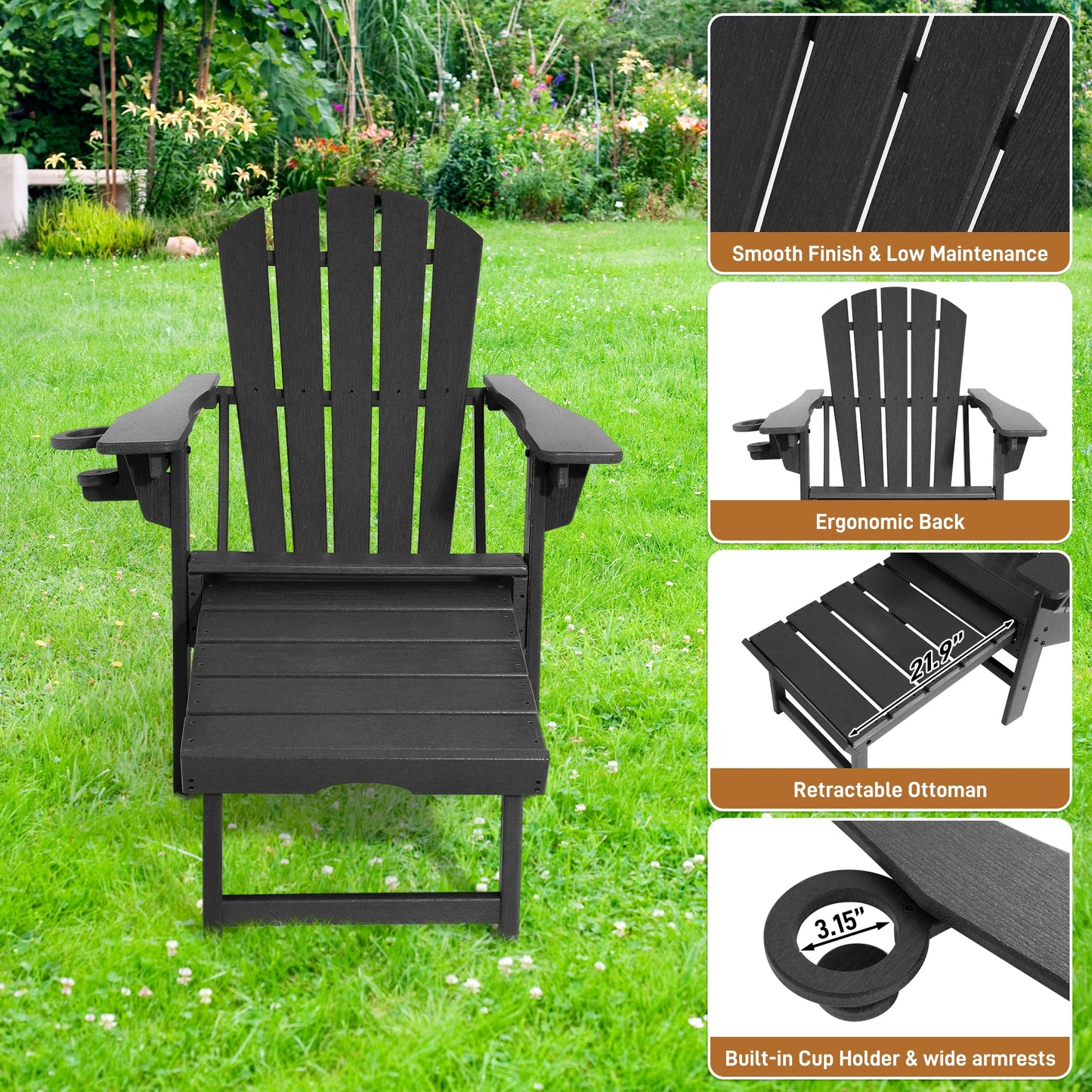 3 Level Adjustable Adirondack Chair with Retractable Ottoman, HDPE All-Weather Fire Pit Chair with Cup Holders, Outdoor Chair
