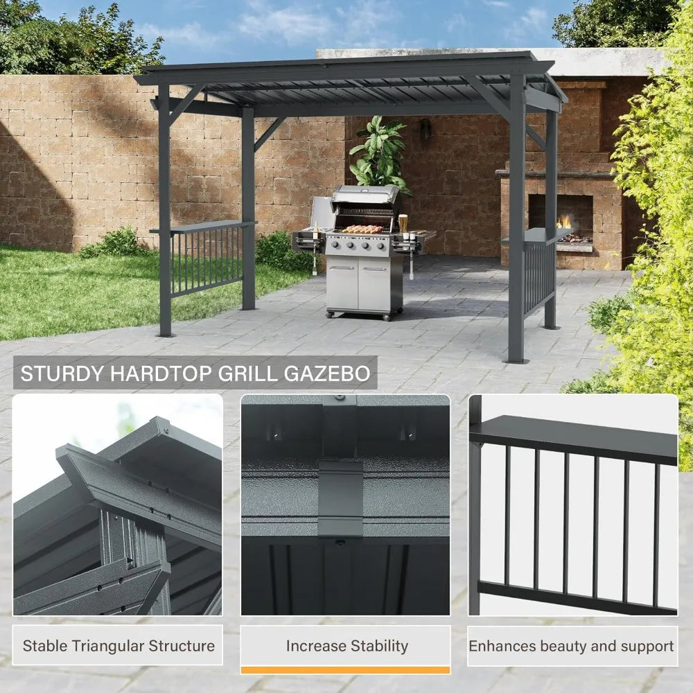 Domi 6.5x12FT Hardtop Grill Gazebo, Outdoor BBQ Gazebo with 2 Side Shelves, Sloping Steel Roof for Permanent Sun Shade with Ceil