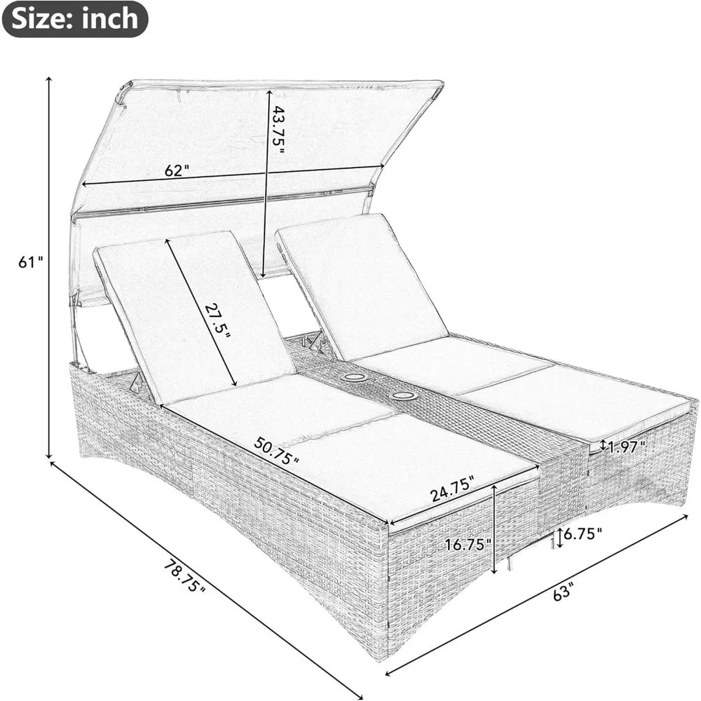 Outdoor Bed Patio Daybed with Shelter Roof, Outdoor Rattan Sun Lounger with Adjustable Backrest, Storage Box and 2 Cup Holders