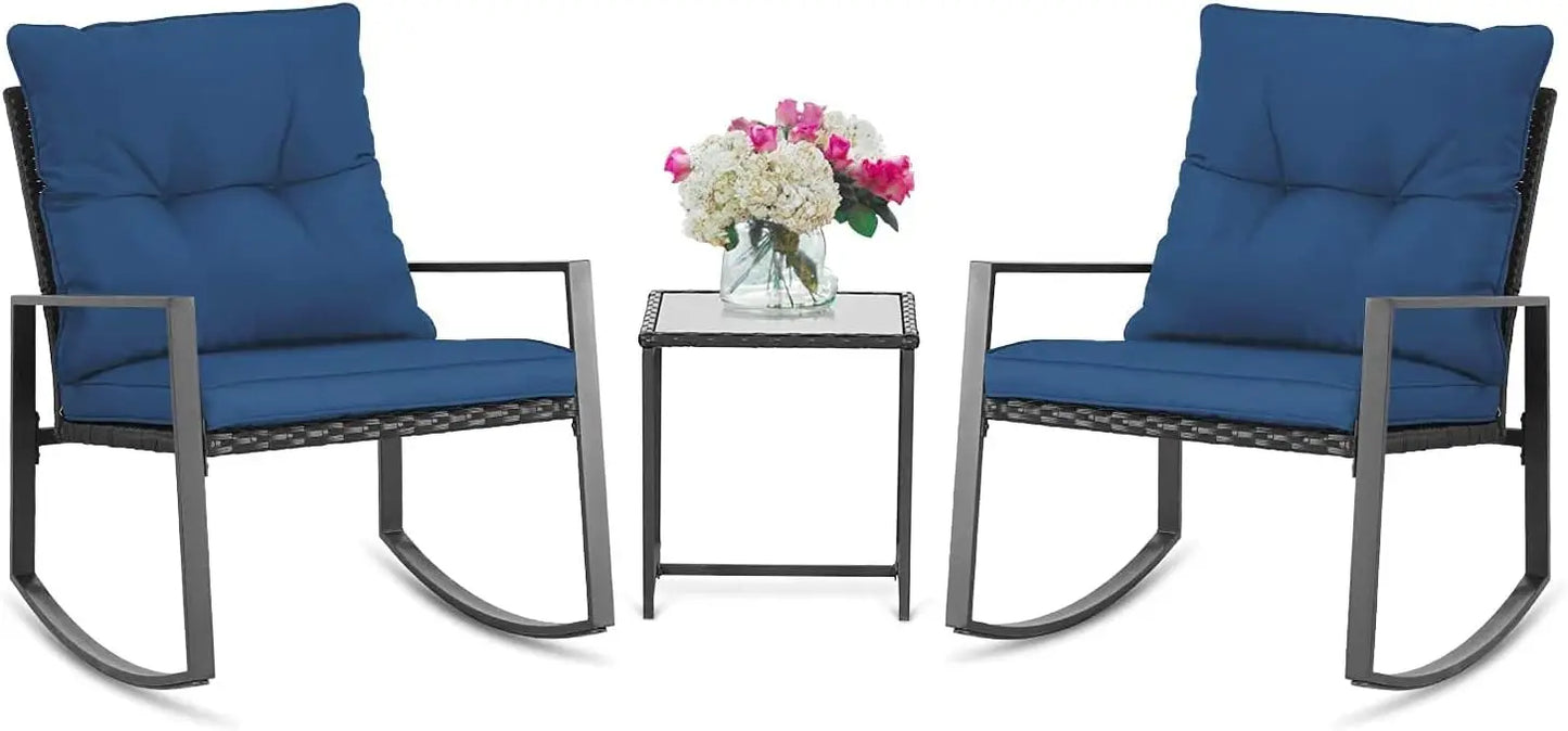 3 Piece Outdoor Rocking Bistro Set Black Wicker Furniture Porch Chairs Conversation Sets with Glass Coffee Table