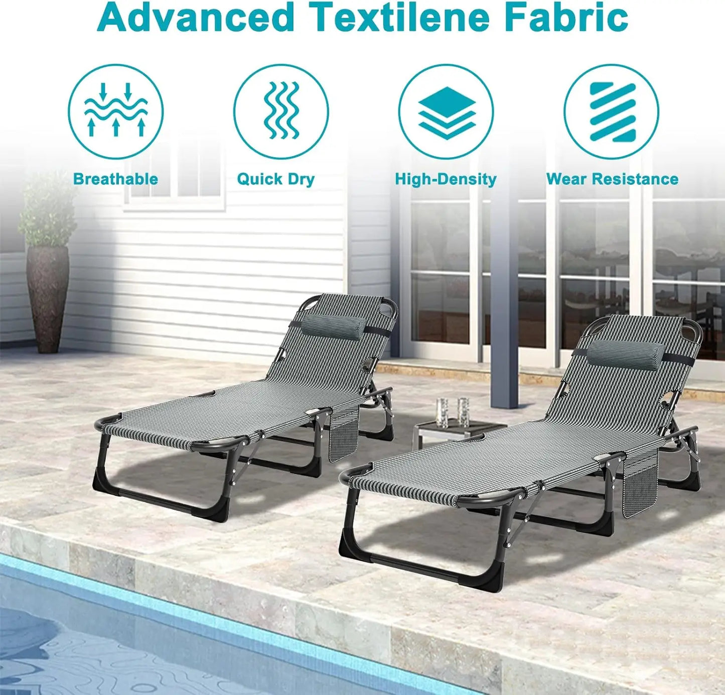 2PK Heavy Duty Tanning Chair, Portable Beach Lounge Chair for Outdoor Sunbathing Patio Pool Lawn Deck Poolside