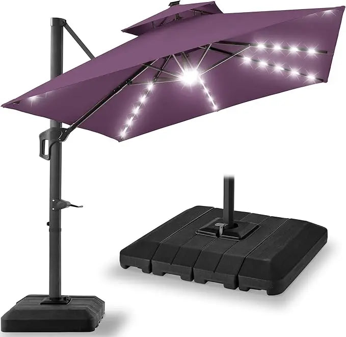 10x10ft Cantilever Patio Umbrella w/Base Included, Solar LED Lights 360 Rotation Large Offset Hanging Outdoor Shade for Deck Po