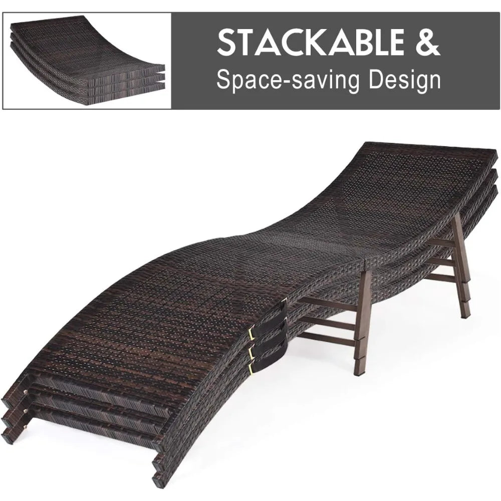 Set of 2 Patio Chaises, Foldable Outdoor Patio Wicker Lounger Chair, with Double-Sided Cushions, Suitable for Poolside
