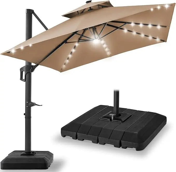 10x10ft Cantilever Patio Umbrella w/Base Included, Solar LED Lights 360 Rotation Large Offset Hanging Outdoor Shade for Deck Po