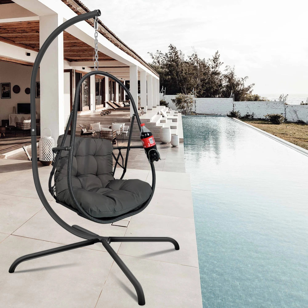 Swing Egg Chair with Stand Indoor Outdoor Wicker Rattan Patio Basket Hanging Chair with C Type bracket , with cushion and pillow
