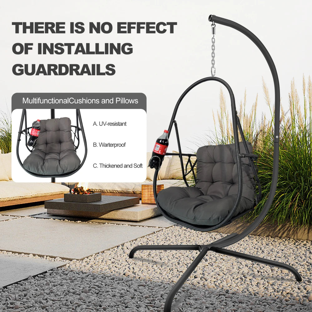 Swing Egg Chair with Stand Indoor Outdoor Wicker Rattan Patio Basket Hanging Chair with C Type bracket , with cushion and pillow