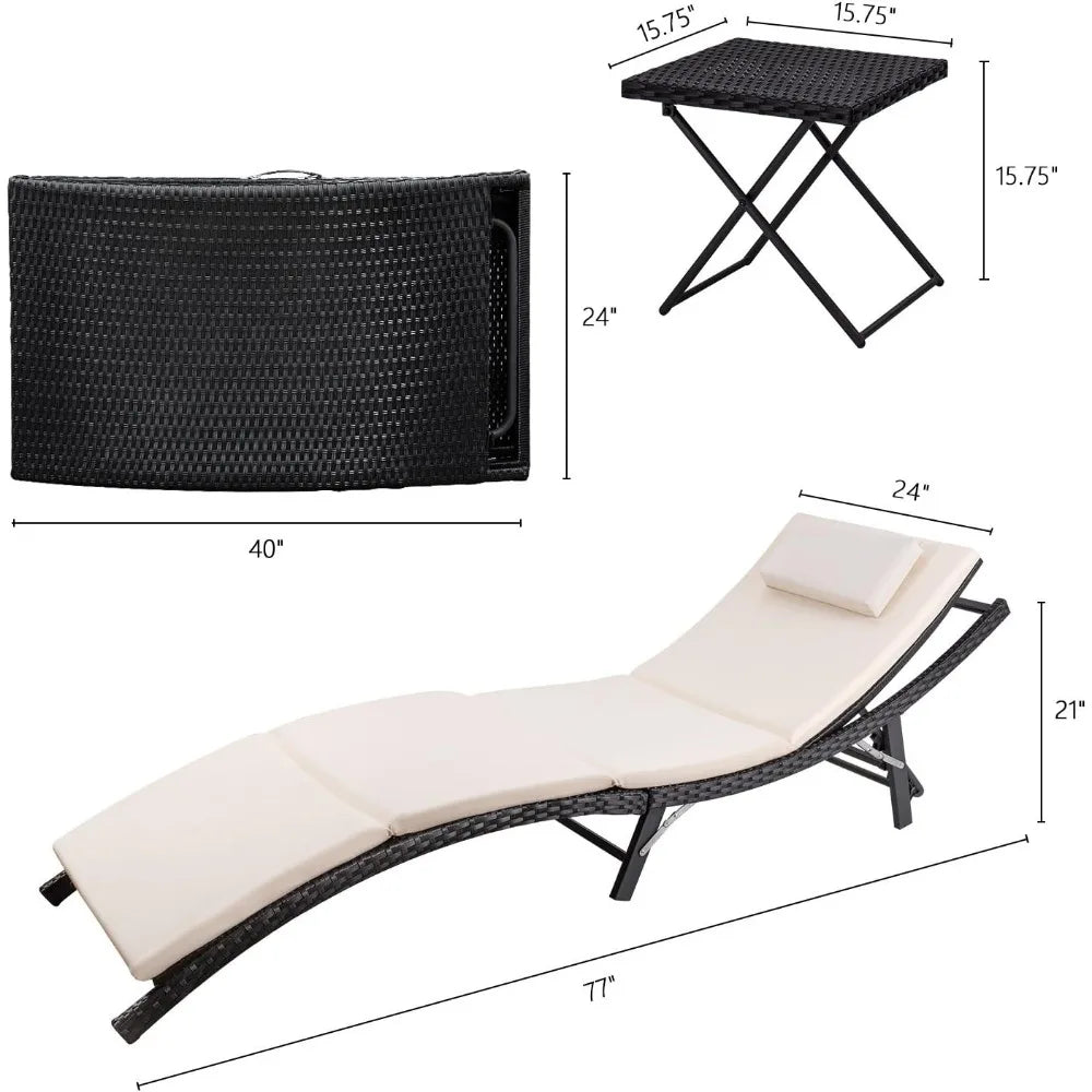 Patio Chaise Lounge Sets Outdoor Rattan Adjustable Back Cushioned Patio Folding Chaise Lounge with Folding Table