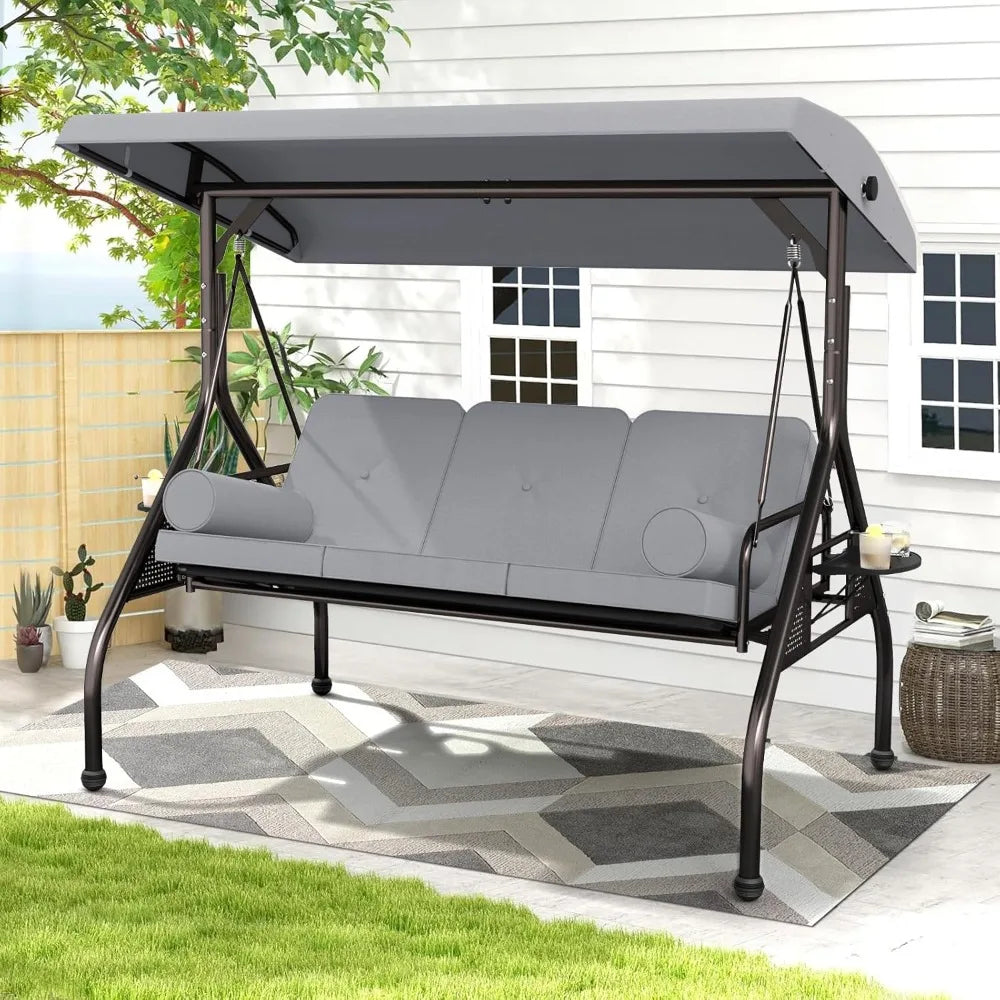 3-Seat Patio Swing Chair, Outdoor Porch Swing with Cushions,Pillows & Cup Holders, Adjustable Canopy Outside Bench Swing for Ba