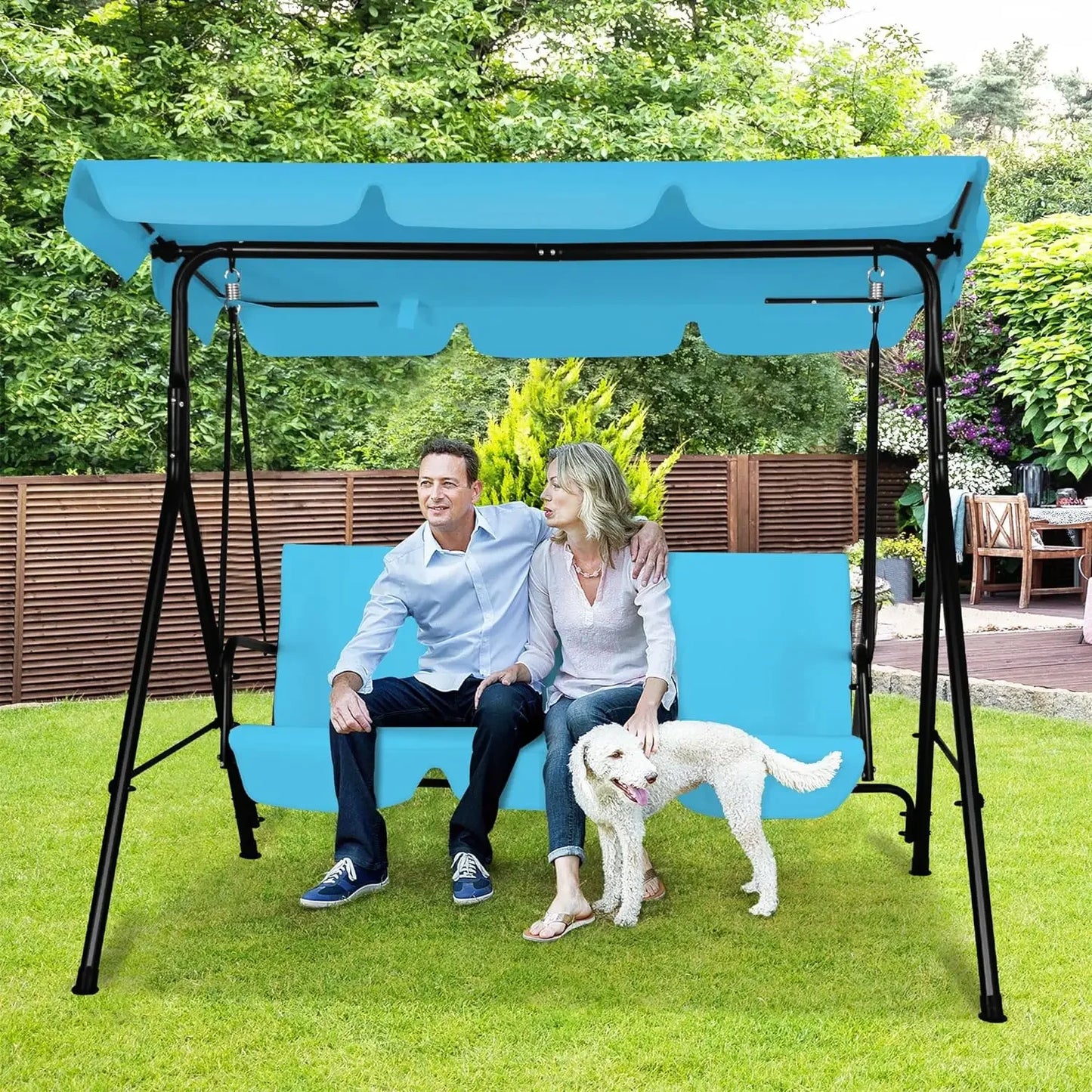 3-Seat Patio Swing Chair with Adjustable Canopy, Outdoor Porch Swing with Durable Steel Frame for Patio, Garden, Poolside