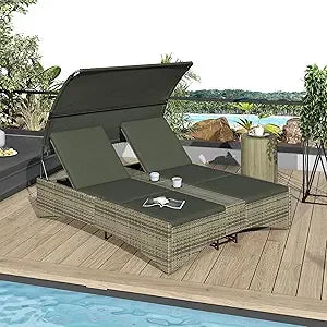 Outdoor Bed Patio Daybed with Shelter Roof, Outdoor Rattan Sun Lounger with Adjustable Backrest, Storage Box and 2 Cup Holders