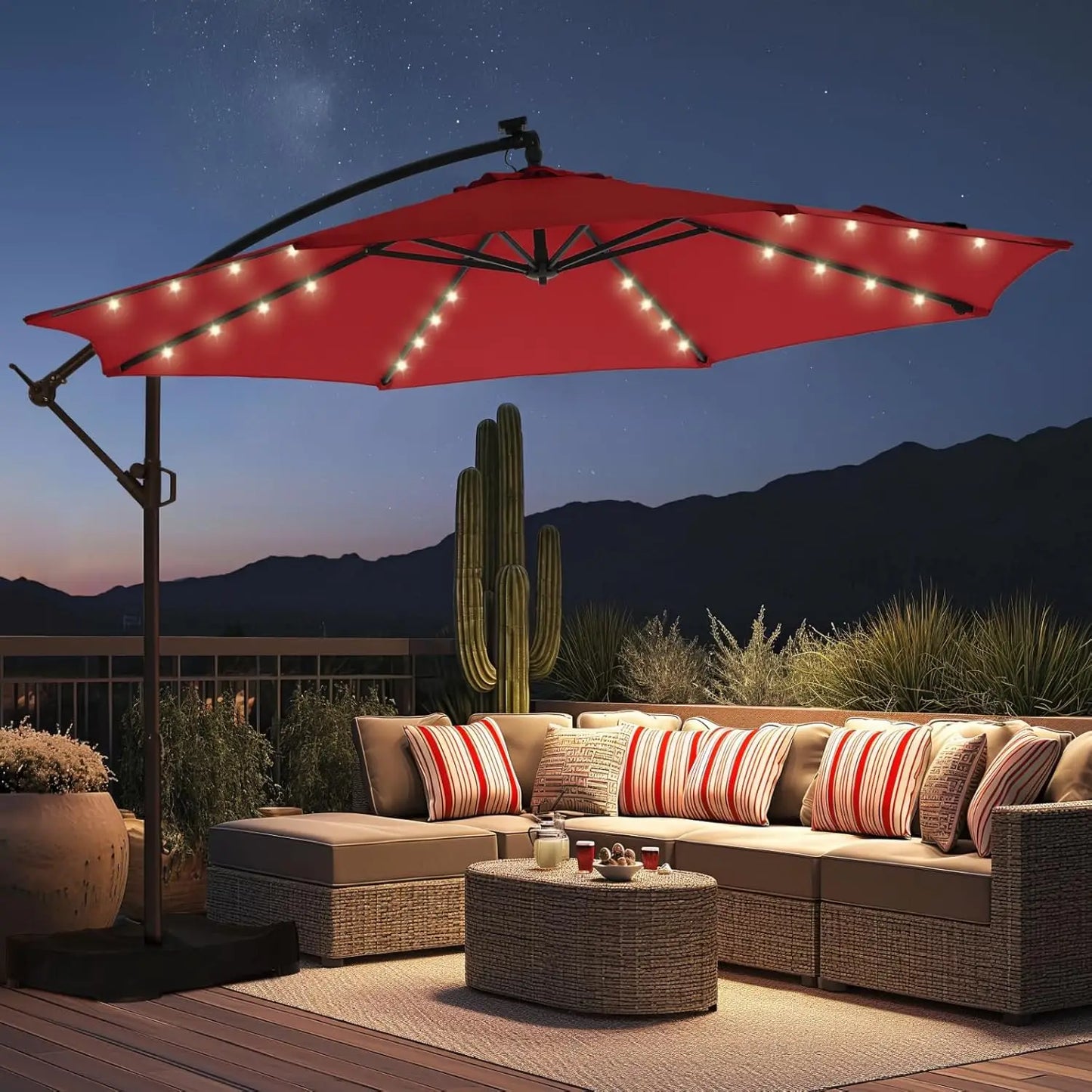 10ft Solar Lights Offset Cantilever Patio Umbrella- with Light and Base,LED Lighted Offset Hanging Patio Outdoor Market Umbrella