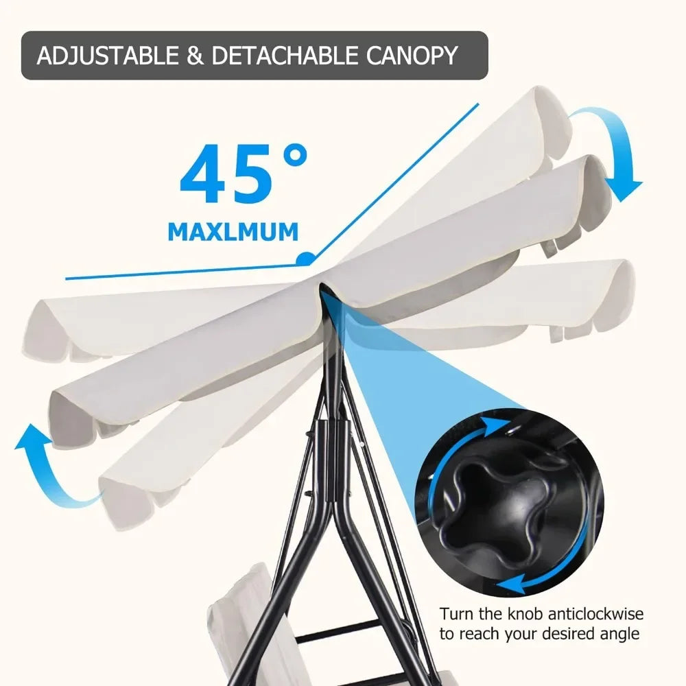 3-Seat Patio Swing Chair with Adjustable Canopy, Outdoor Porch Swing with Durable Steel Frame for Patio, Garden, Poolside