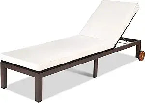 Patio Chaise Lounge Chair Outdoor Rattan Lounger Recliner Chair Adjustable Position Folding Wicker Lounge Chair with