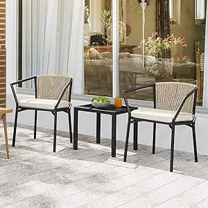 Bistro Chairs Set of 4 Rattan Outdoor Dining Chairs with Arms & Cushions Woven Rattan Chair with Curved Backrest All-Weather Wi