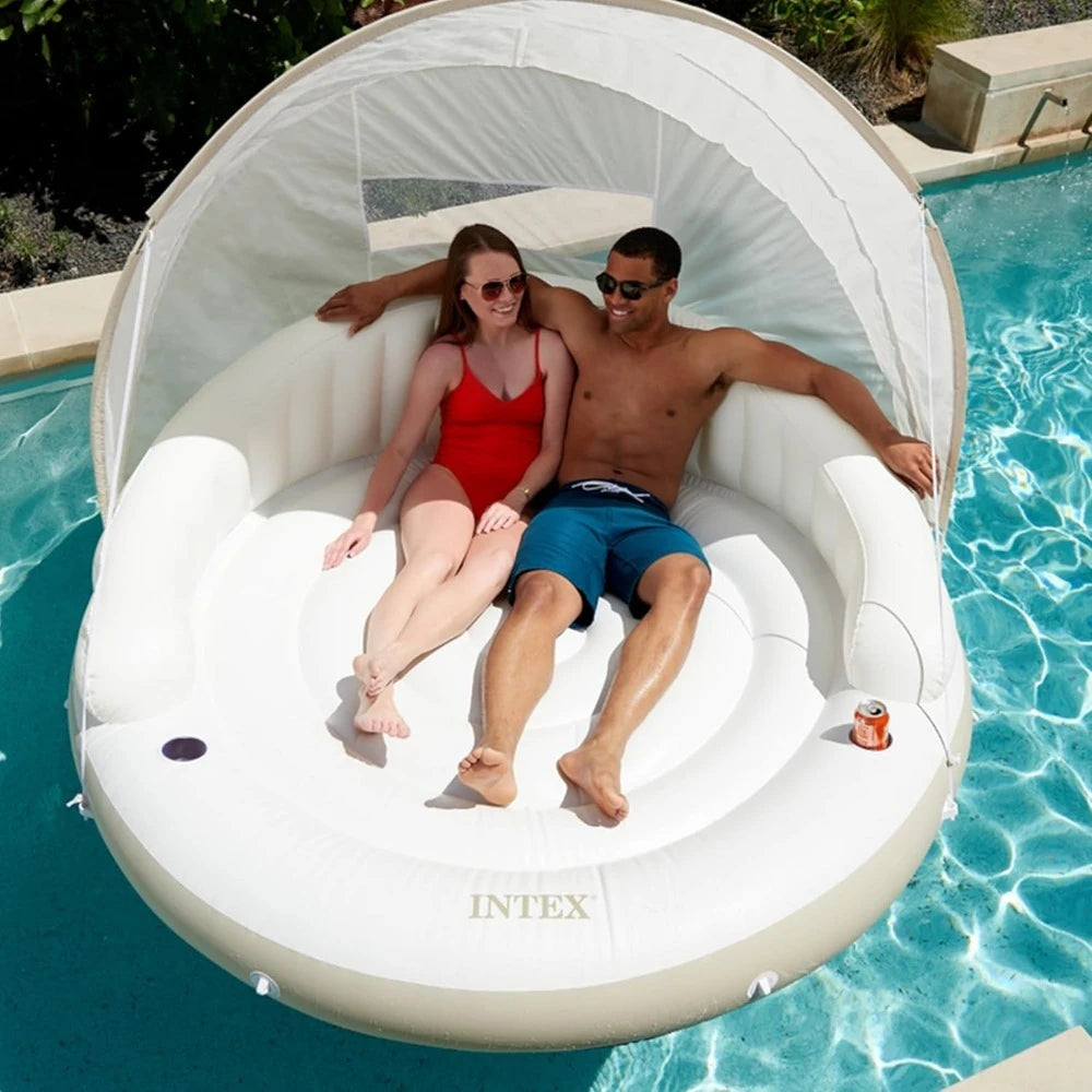 58292EP Canopy Island Inflatable Pool Float: Comfortable Lounge Surface – Built-in Cup Holders – Detachable Sunshade
