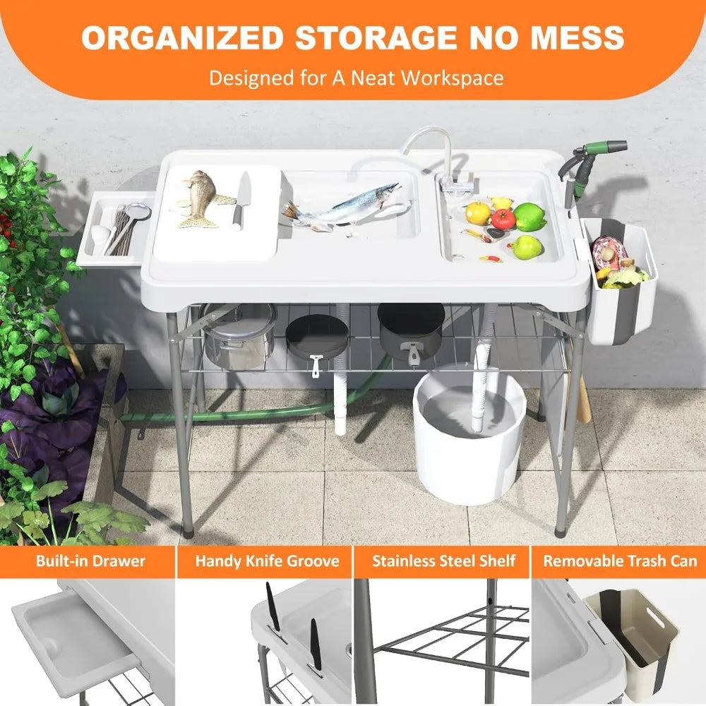 42.5" Fish Cleaning Table with Sink – Portable Outdoor Sink Station for Camping, Fishing, and Picnics Folding Camping Sink