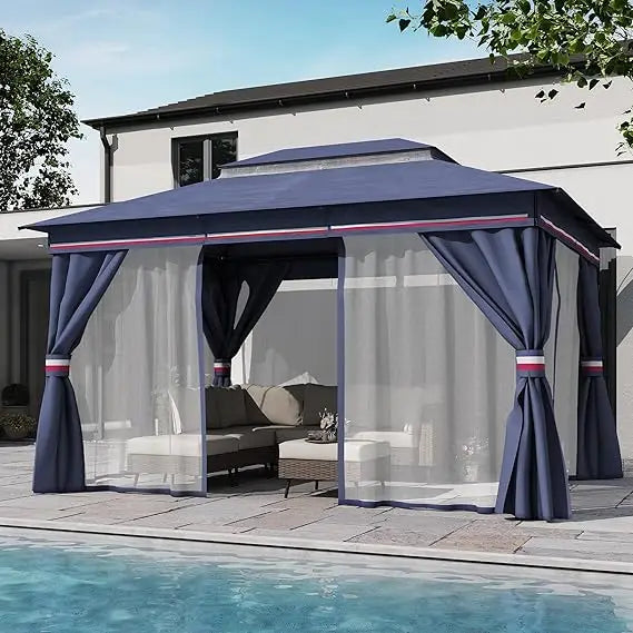 Outdoor Patio Gazebo 10'x13' with Expansion Bolts, Heavy Duty Gazebos Party Tent Shelter with Double Roofs, Mosquito Nets and P