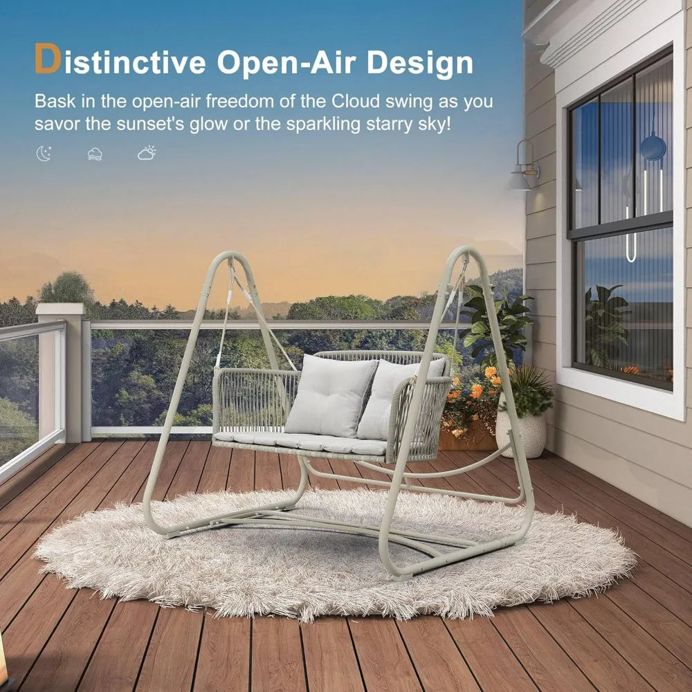 2-Seat Cloud Swing Chair with Stand Patio Wicker Bench Glider Loveseat Hanging Swinging for Indoor Outside Backyard Garden Outd