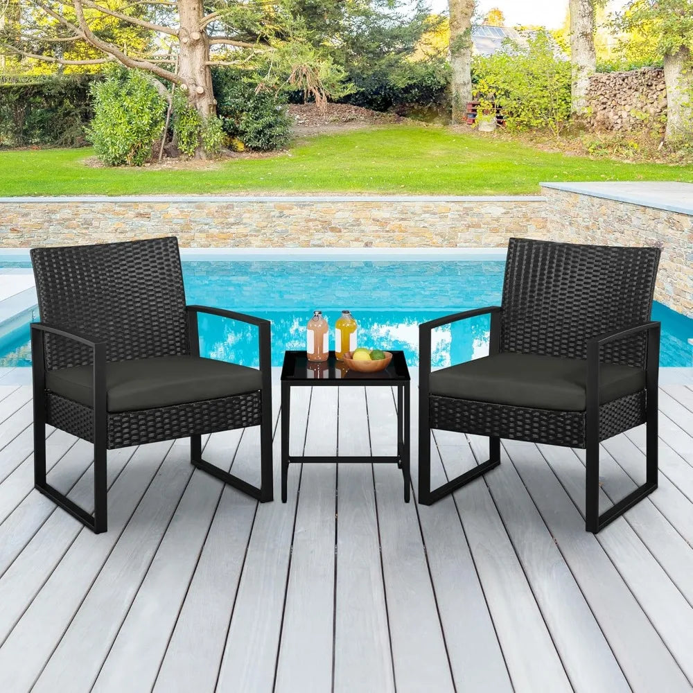 3 Pieces Rattan Bistro Set, Indoor/Outdoor Wicker Patio Modern Conversation Furniture, 2 Chairs & Tempered Glass Coffe Table