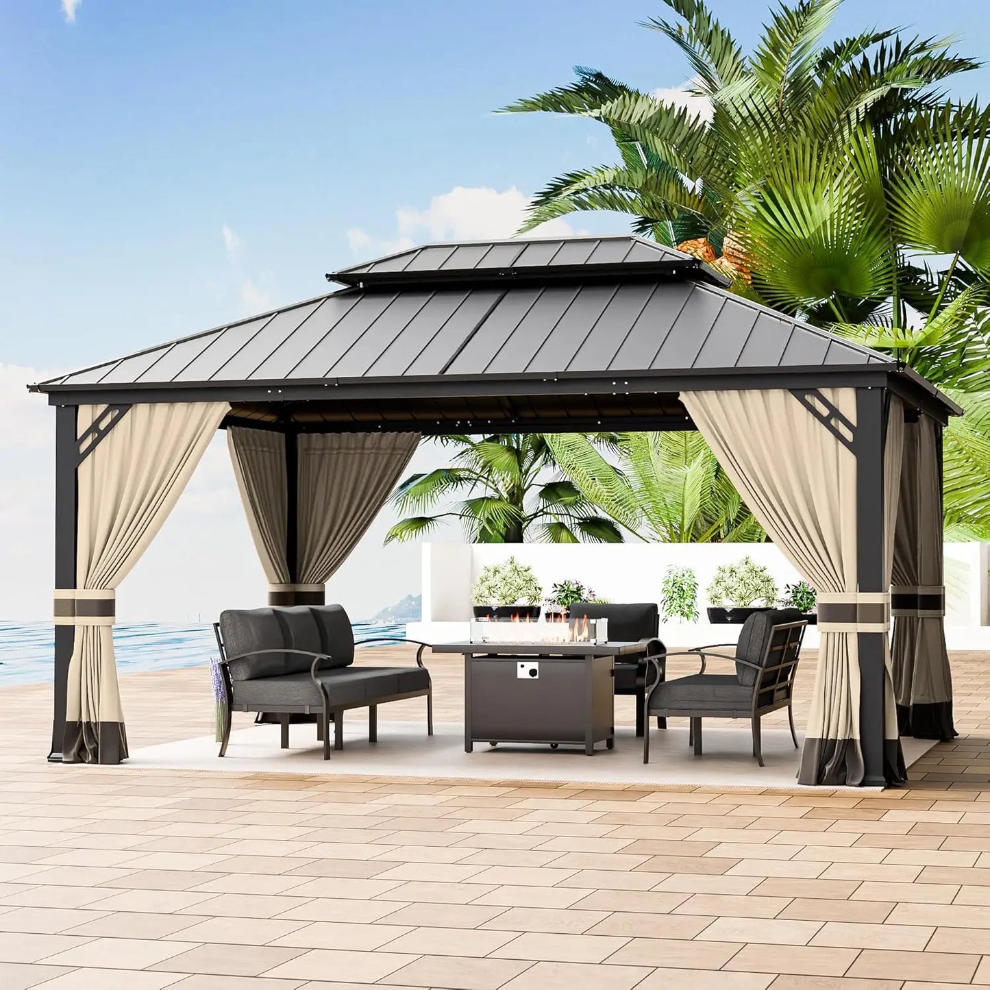 Hardtop Gazebo Outdoor Aluminum Frame Permanent Gazebo Galvanized Steel Double Roof Gazebos with Nettings and