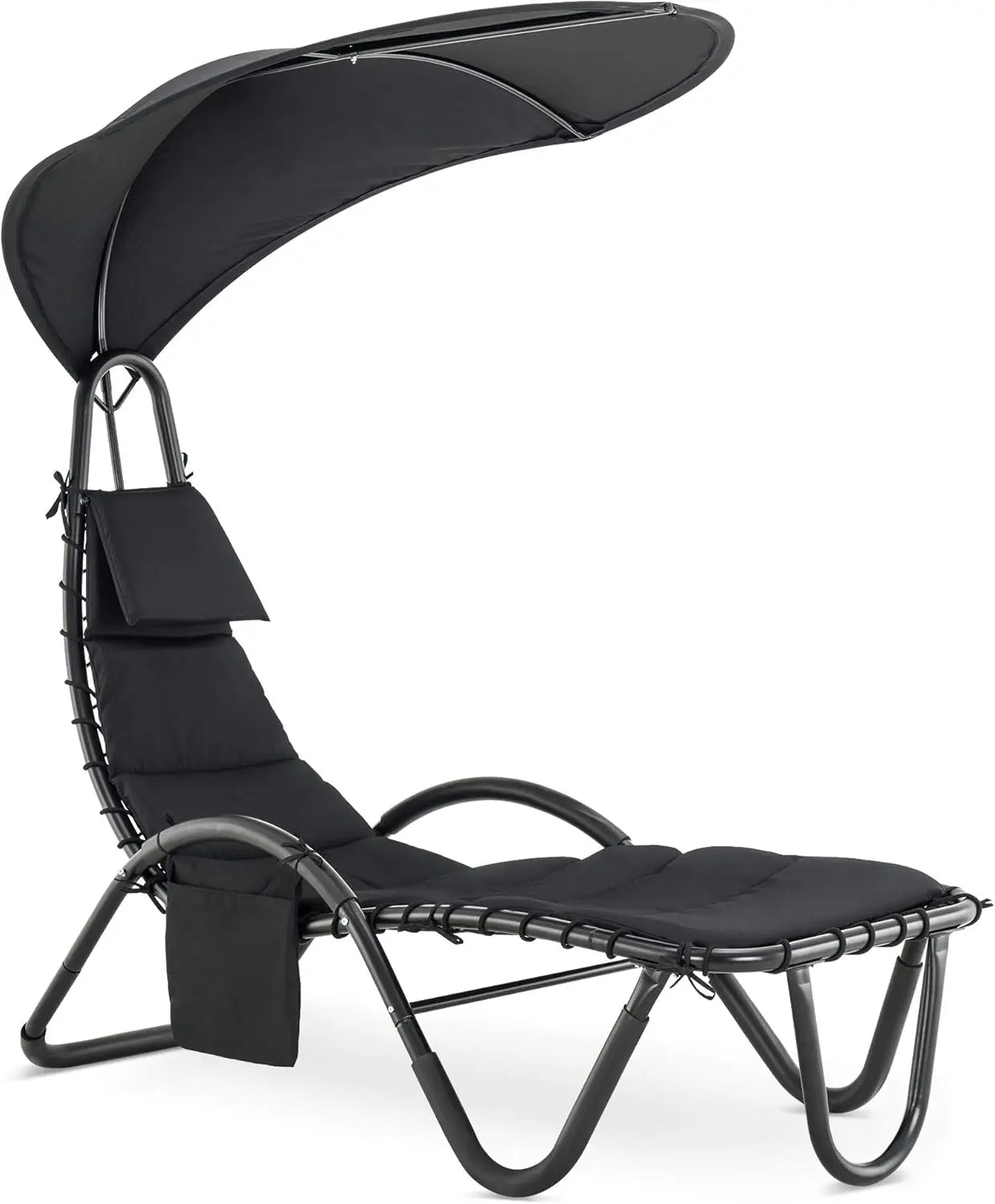 Outdoor Steel Chaise Lounge Chair with Removable Canopy and Cushions, Reclining Chair w/Side Pocket Arc Stand, for Beach