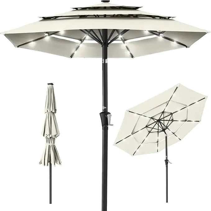 10ft 3-Tier Solar Patio Umbrella, Outdoor Market Sun Shade for Backyard, Deck, Poolside w/ 24 LED Lights, Tilt Adjustment, Easy